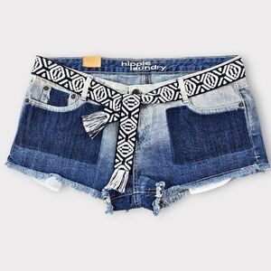 Hippie Laundry Boho Belted Frayed Hem Denim Shorts
